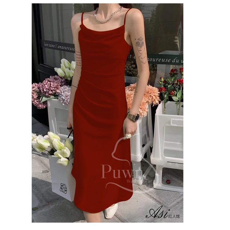 Váy lụa hai dây vạt chéo xếp li eo dự tiệc, prom quyến rũ, bí ẩn, sexy Puwn Shop