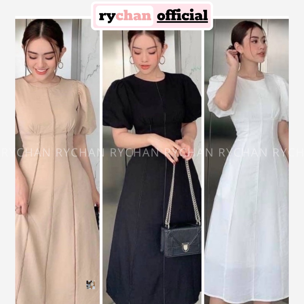 Đầm Váy Nữ Dự Tiệc Cổ Tròn Tay Phồng Dáng Dài Thanh Lịch Sang Trọng, Đầm Tiệc Cưới Tôn Dáng Màu Kem Đen Trắng - DX9717