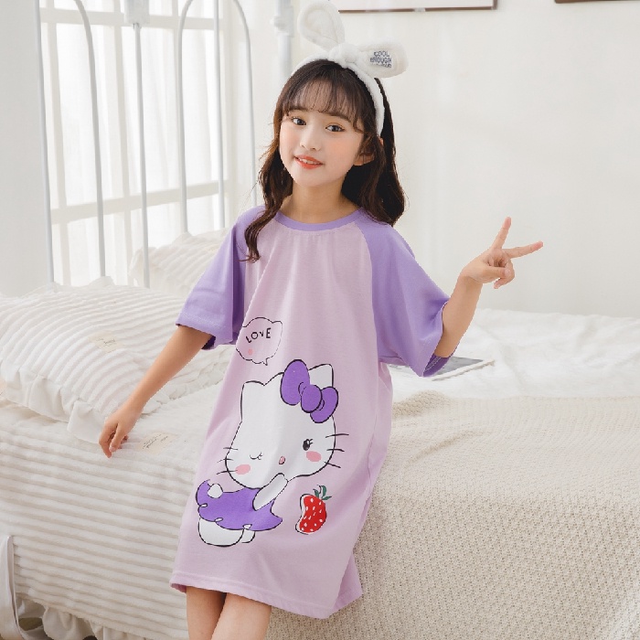 Đầm Ngủ Cotton Tay Ngắn In Họa Tiết Hoạt Hình Dễ Thương Cho Bé Gái