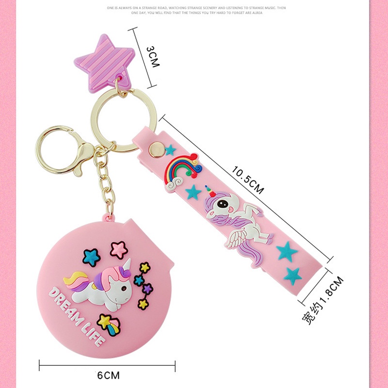 Móc khóa kèm gương bằng silicone họa tiết kỳ lân nhỏ gọn mini