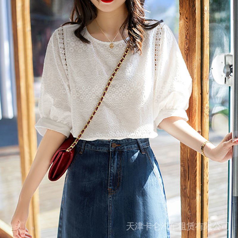 Áo Sơ Mi Cotton Nguyên Chất Tay Phồng Thêu Ren Mùa Hè 2022 Dễ Phối Đồ Cho Nữ