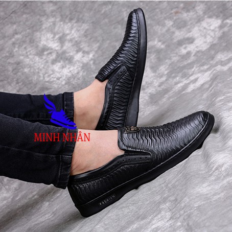 Giày lười nam da bò thật công sở slip on xỏ mẫu mới nhất vân sóng đẹp độc đáo hàng hiệu thời trang giá rẻ S-1 màu đen