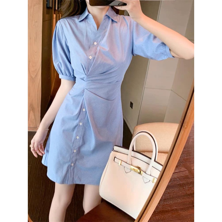 Váy sơ mi nhún eo tay bồng cách điệu lịch sự nhã nhặn YAME