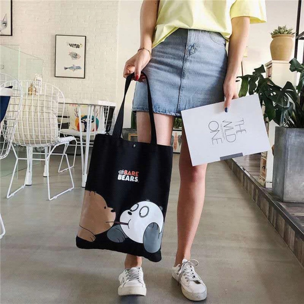 Túi Tote Vải canvas có khóa kéo in hình BEAR dễ thương