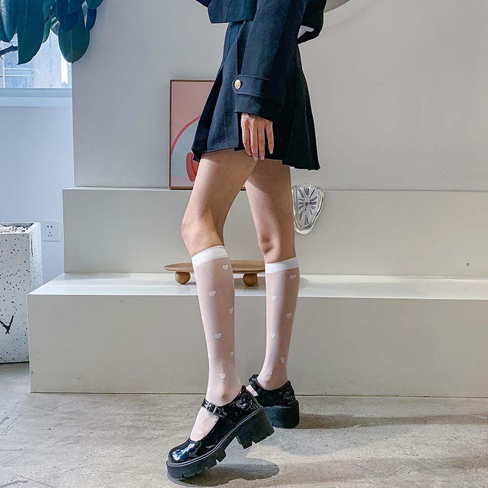 Vớ Nhung Lưới Cổ Cao Siêu Mỏng Trong Suốt Họa Tiết Trái Tim Phong Cách Harajuku Cổ Điển Thời Trang Cho Nữ