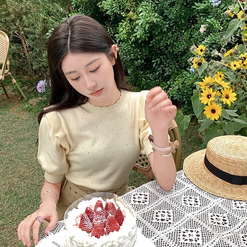 [Hana And Alice] Áo Thun Tay Ngắn Dệt Kim Thiết Kế Sang Trọng
