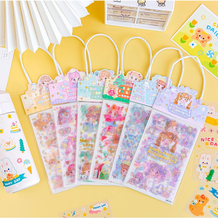 Túi Sticker Có Quai Xách Hình Cô Gái / Thỏ/ Gấu - Set 3 Tấm Sticker Phong Cách Hàn Quốc Siêu Dễ Thương