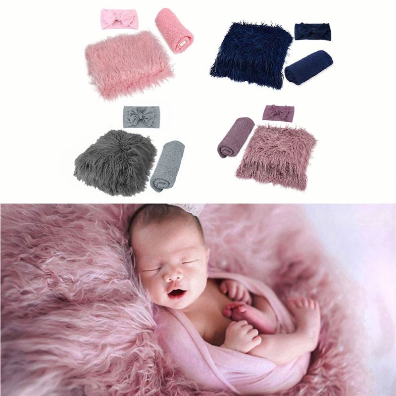 Set 3 phụ kiện đạo cụ chụp ảnh nghệ thuật cho trẻ sơ sinh gồm đồ quấn + chăn + băng đô thắt nút xinh xắn