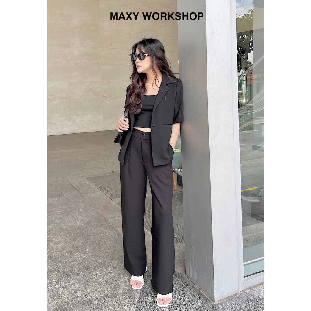 Áo blazer nữ ngắn tay có túi màu đen Trendy short blazer Maxy Workshop