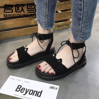 Giày sandal dây cột đế bằng phong cách Harajuku Hàn Quốc cho nữ