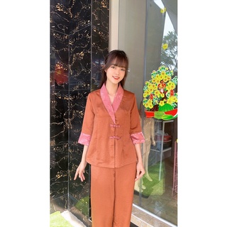 thời trang lụa cao cấp cho nữ, phối gấm đồ lam đi chùa