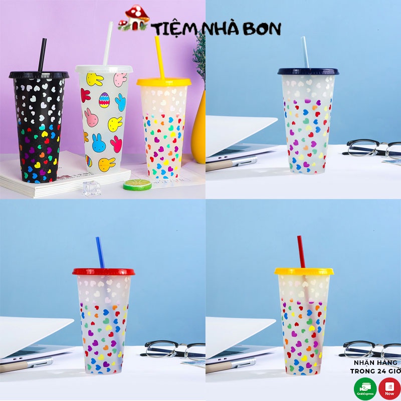 Ly nhựa đổi màu theo nhiệt độ có nắp đậy và ống hút dung tích 710ml, Cốc uống nước đổi màu có thể tái sử dụng