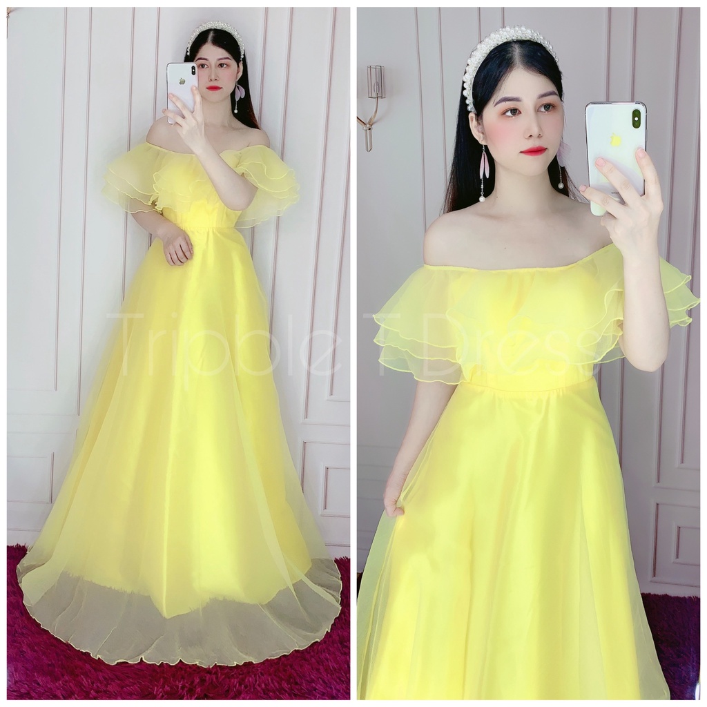 Đầm maxi dự tiệc mặc cưới bẹt vai tầng bèo TRIPBLE T DRESS - Size S/M/L (ảnh/video thật) MS324V