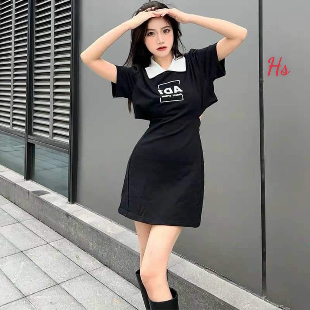 Váy body polo AD1 cổ trắng hở lưng sexy, chất cotton, Rosyhana