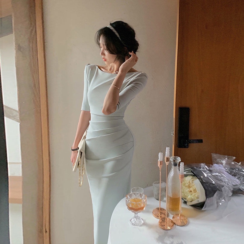 Đầm Tay Lửng Dáng Ôm Eo Cao Màu Trơn Xẻ Tà Thời Trang Hàn Quốc 2022