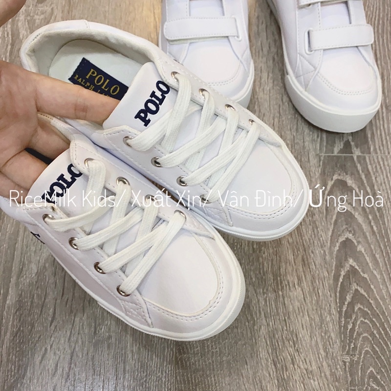 Giày Da thêu logo polo màu trắng xuất dư cho mẹ và bé