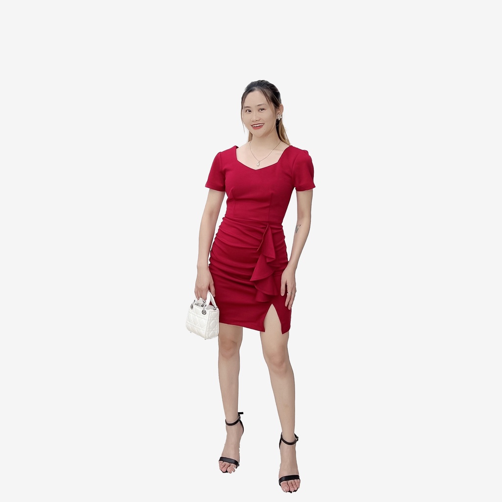 Đầm body ngắn tay nhún eo trơn sexy màu đỏ V319