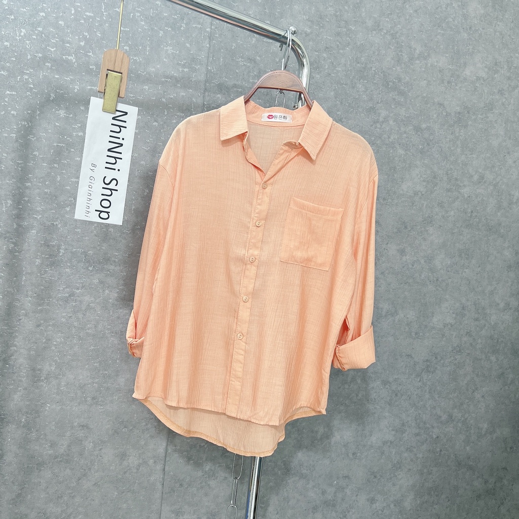 Áo sơ mi kiểu 1 túi dài tay dáng rộng, Áo sơ mi nữ đũi tơ nhăn mát SM8761 - NhiNhi Shop