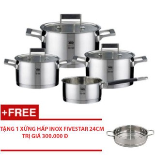 Bộ nồi 3 đáy inox 304 Elo Premium Skandinavia 4 món nắp kính tặng 1 xửng hấp inox Fivestar