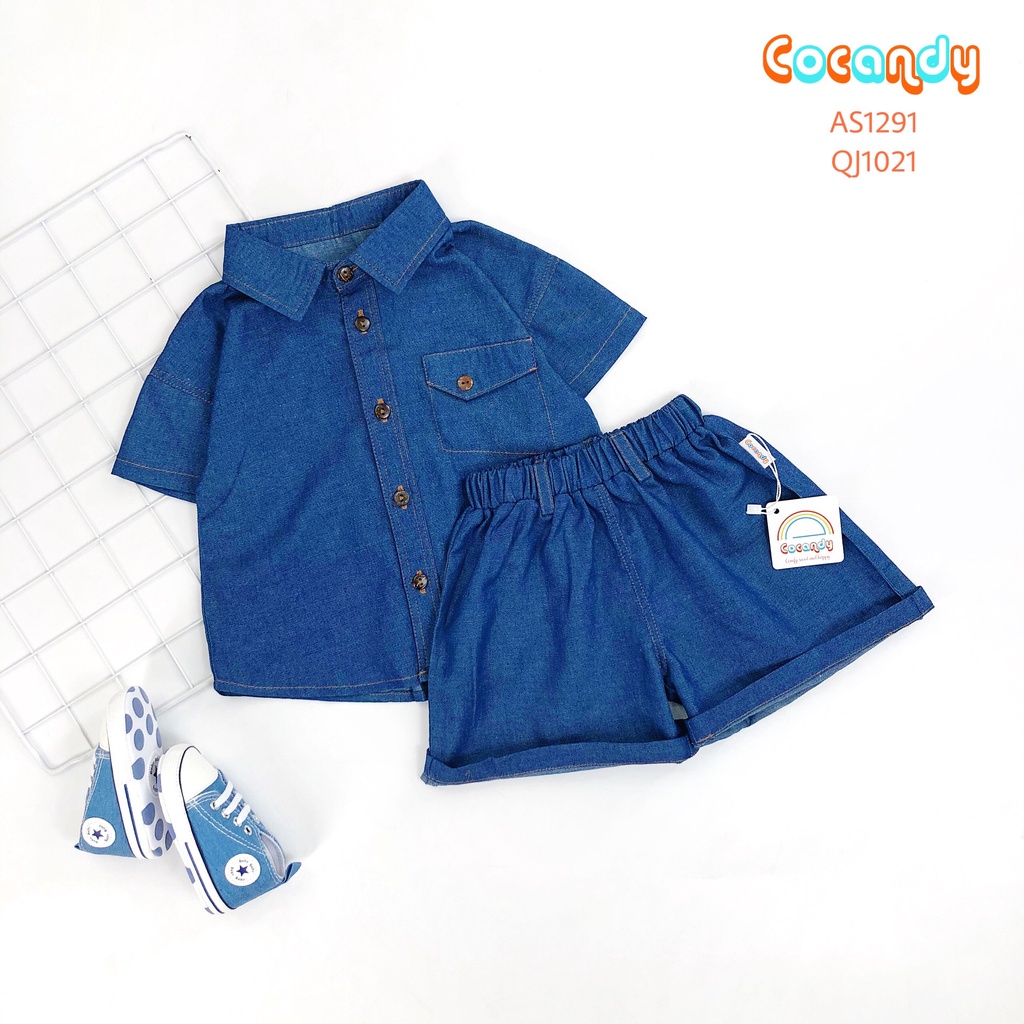 Set đồ cho bé- Áo sơ mi xanh, áo thun trắng và Quần cộc jean cho bé của COCANDY mã AS129154, QJ102154