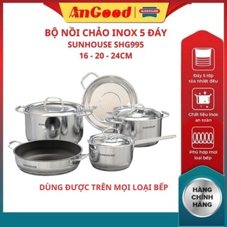 Bộ nồi chảo 5 món Sunhouse SHG995, nồi Inox 5 đáy dùng được cho tất cả các loại bếp