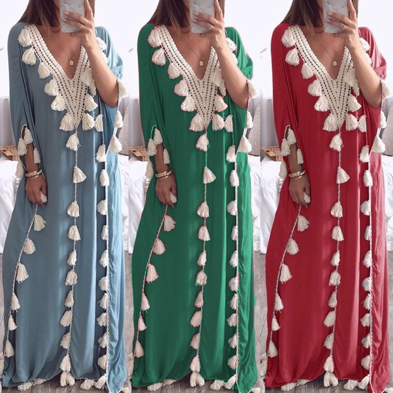 Đầm Dài Cổ Chữ V Tay Lỡ Phối Tua Rua Phong Cách Dubai Ả Rập