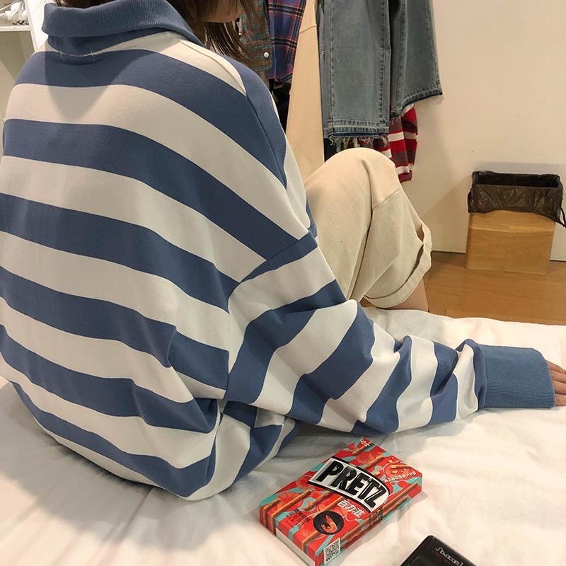 Áo sweater cổ polo tay dài form rộng kẻ sọc phong cách Hàn Quốc