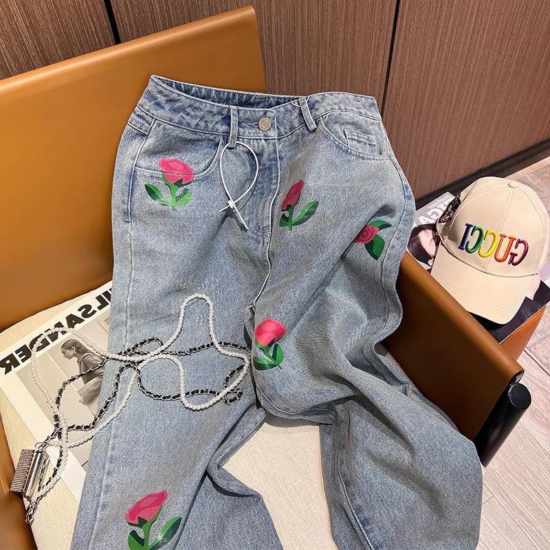 Quần Jean Ống Suông Họa Tiết Hoa Hồng Nhỏ Phong Cách Nhật Bản Thời Trang Cho Nữ 2022