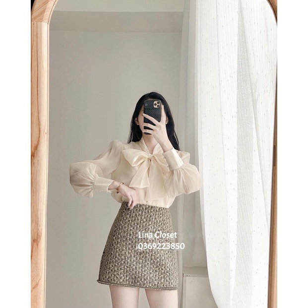 Áo sơ mi voan thắt nơ cúc ngọc tiểu thư