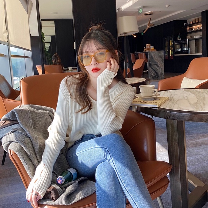 Áo len ZHELIHANGFEI tay dài cổ chữ V dễ phối đồ tùy chọn màu sắc