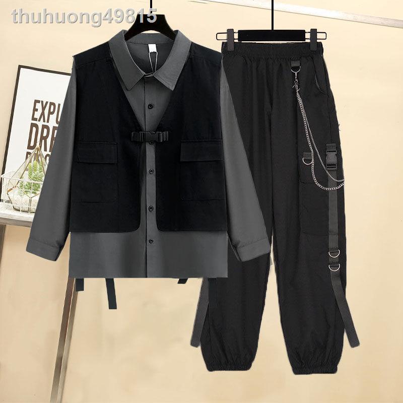 ▨☎┅Bộ vest nam và nữ giống nhau mùa thu 2021 phiên bản mới của Hàn Quốc áo sơ mi rời + yếm đẹp trai xu hướng ba lỗ