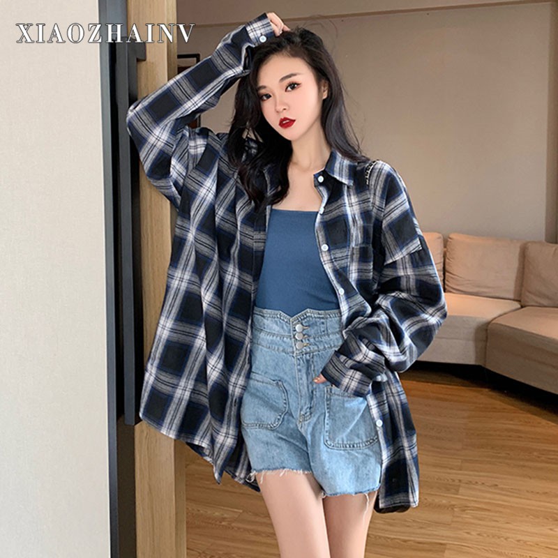 Xiaozhainv Áo sơ mi tay dài dáng suông phối họa tiết kẻ sọc retro kích cỡ M-4XL cho nữ
