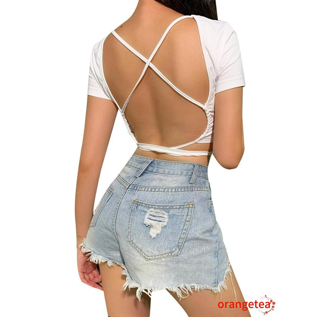 Áo Thun Croptop Dáng Ôm Hở Lưng Cột Dây Trẻ Trung Quyến Rũ Dành Cho Nữ