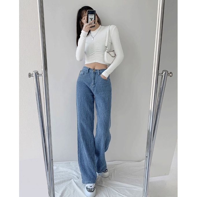 Quần jean lưng cao chất liệu dệt ô ống rộng HQD45 Hỉn Hỉn Store