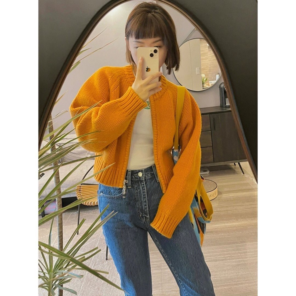 Áo Khoác Cardigan Dệt Kim Dáng Ngắn Phối Khóa Kéo Phong Cách Mùa Thu Hàng Mới Dành Cho Bạn Nữ