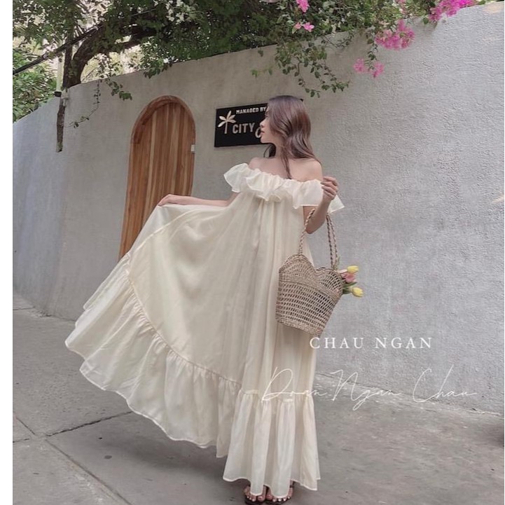 Váy Maxi Trễ Vai Phối Bèo - Đầm Dáng Suông Dài Đi Biển