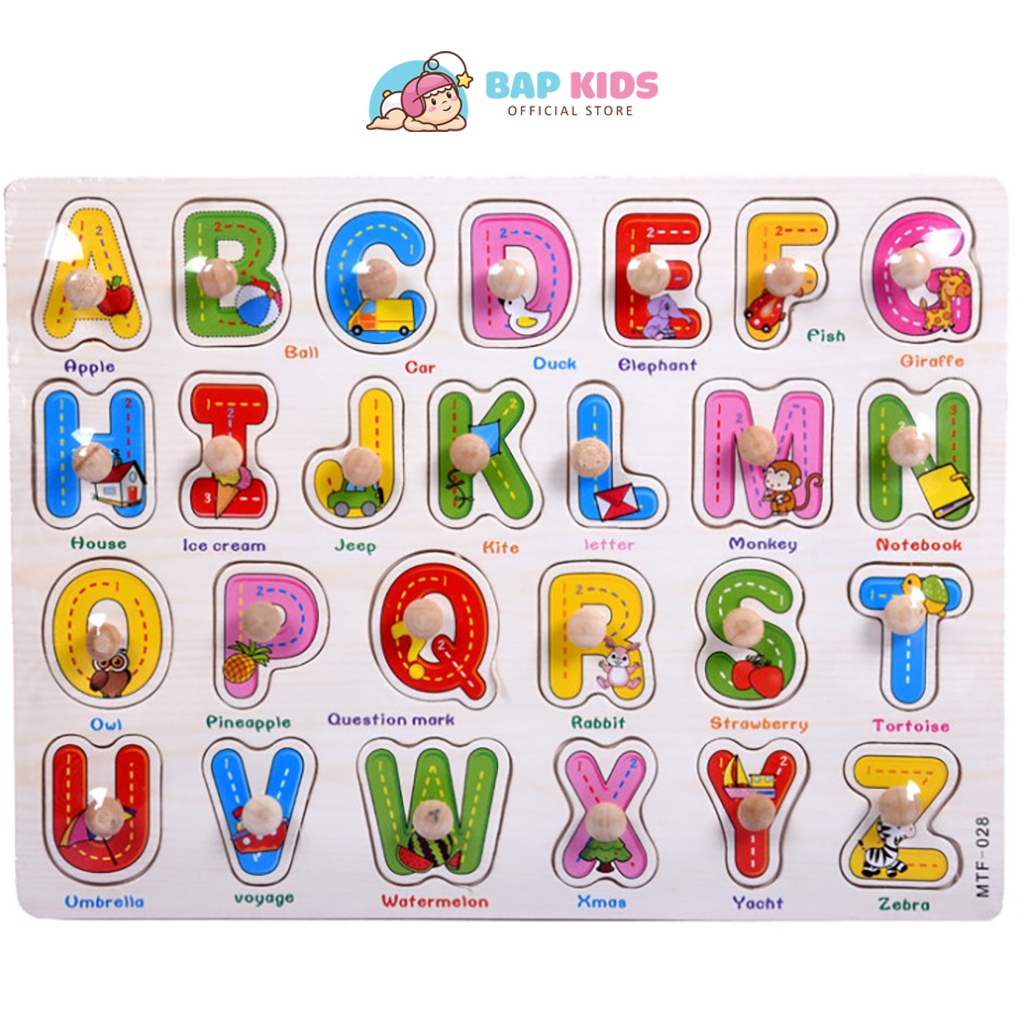 Đồ chơi giáo dục BAPKIDS, Combo 3 Bảng Núm Gỗ Chữ Cái, Số, Phép Tính