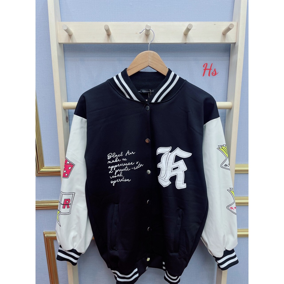 Áo khoác bomber unisex chữ thái , áo khoác bóng chày phối tay trắng in chữ M05
