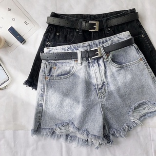 Quần short denim ống rộng cạp cao tua rua phong cách Hàn Quốc cho nữ