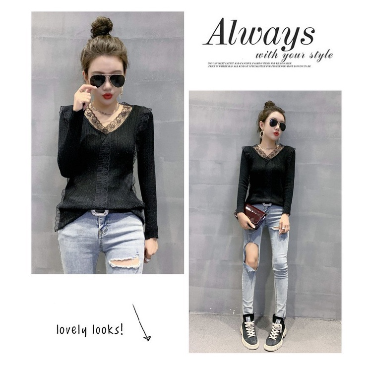 A27172 - Áo len phối ren nữ dài tay thu đông hàng nhập