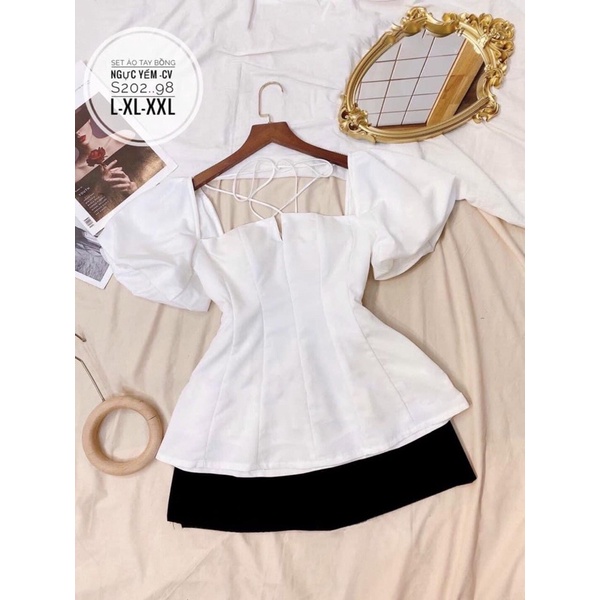 [Shop bigsize nữ 50kg-90kg] Set áo peplum đan dây + chân váy chữ A đi tiệc