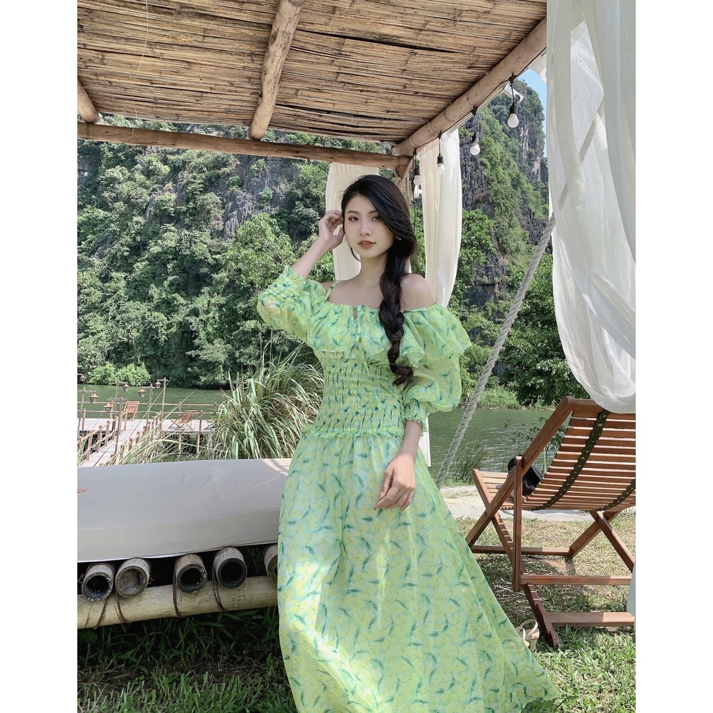 Đầm maxi dài 2 dây trễ vai váy nữ vải tơ hoạ tiết hoa in thiết kế mặc đi chơi du lịch biển nghỉ mát resort dự tiệc