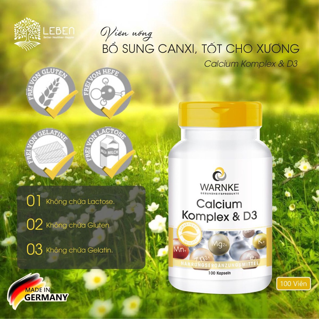 canxi và d3 magie cho người lớn WARNKE Calcium Komplex &amp; Vitamin D3 100 viên của Đức
