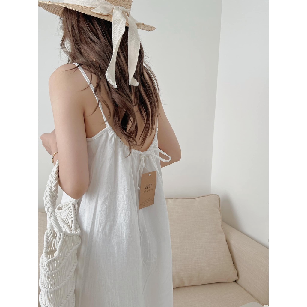 [Sẵn/Ảnh thật] Váy 2 dây dáng suông đi biển rút dây - Đầm 2 dây maxi dáng dài thắt nơ sau