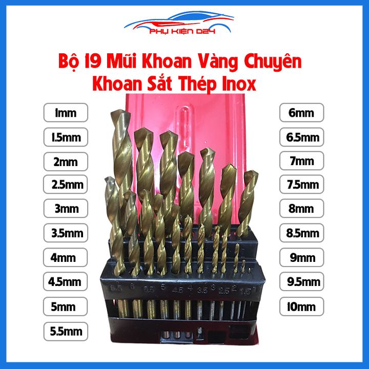 Bộ 19 mũi khoan màu vàng đường kính từ 1mm đến 10mm chuyên dùng khoan sắt thép inox