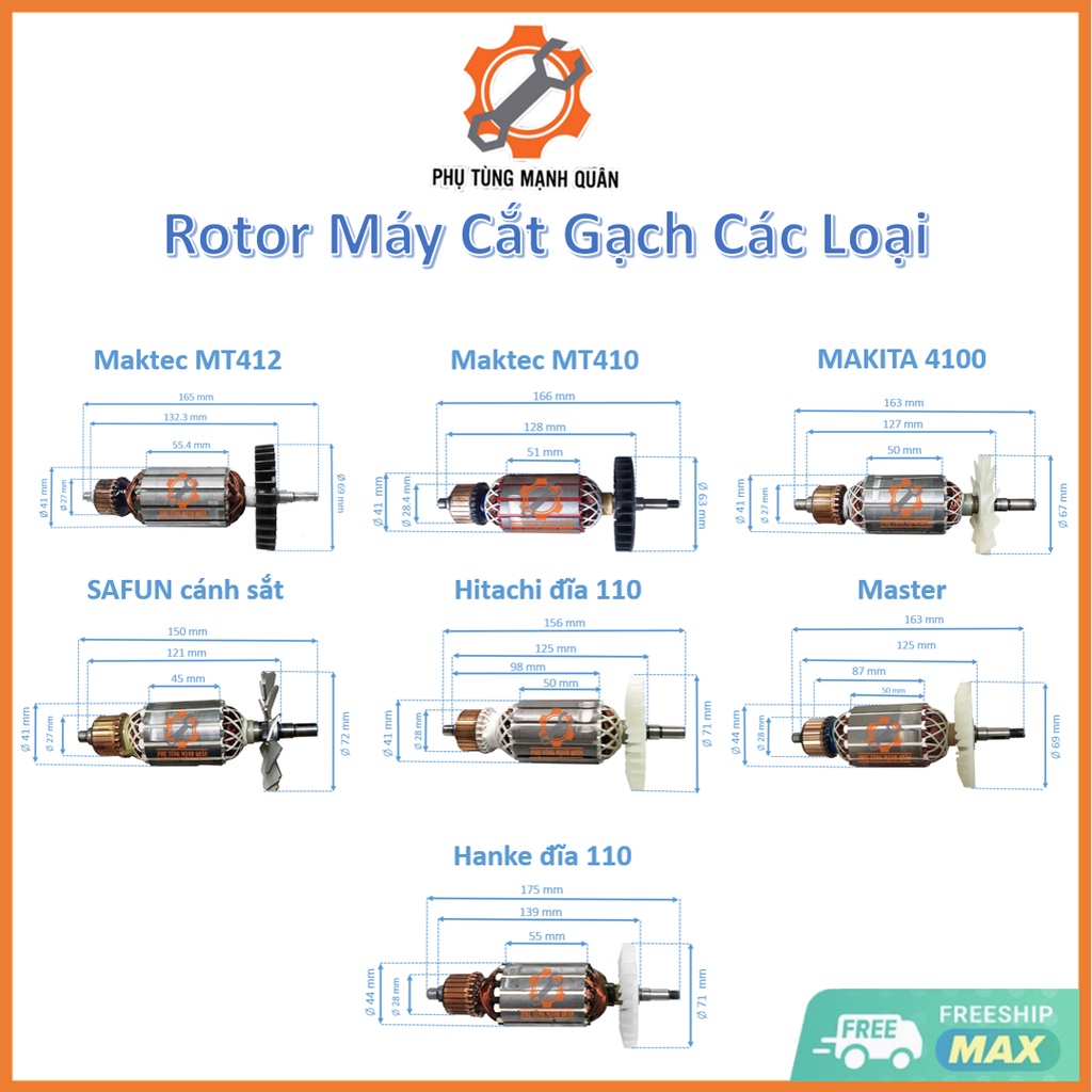 Rotor/Ruột Máy Cắt Gạch Maktec,Makita,SAFUN,Hitachi,Master,Hanke các loại tặng kèm chổi than
