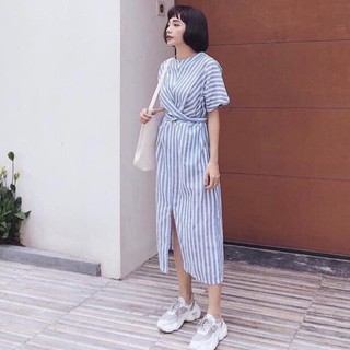 Đầm váy freesize sọc xanh form dài chéo eo