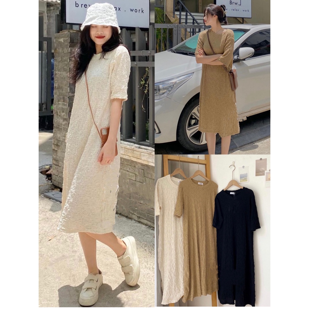 Đầm Váy Xốp Nhún Bèo Dáng Suông Kiểu Hàn Quốc 3 Màu Be/ Đen/ Nâu