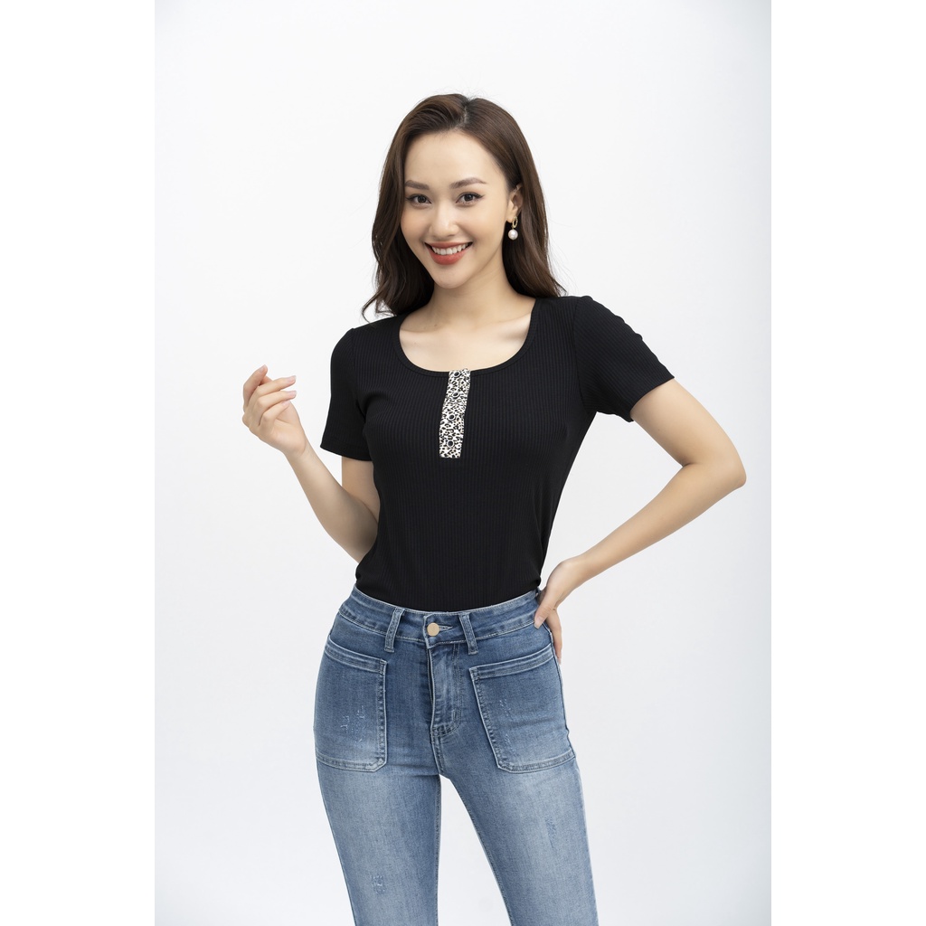 Áo thun nữ FIONA dáng ôm áo cotton tay ngắn cổ tròn cổ phối màu trẻ trung F522173
