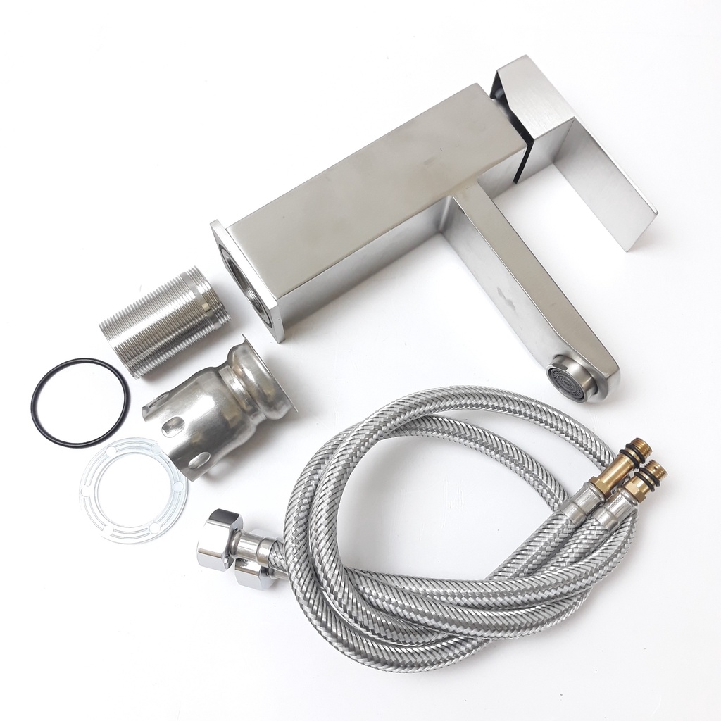 Vòi lavabo nóng lạnh inox 304 trụ vuông 18cm màu trắng mờ đặc trưng của inox phay cao cấp, sang trọng, lịch lãm